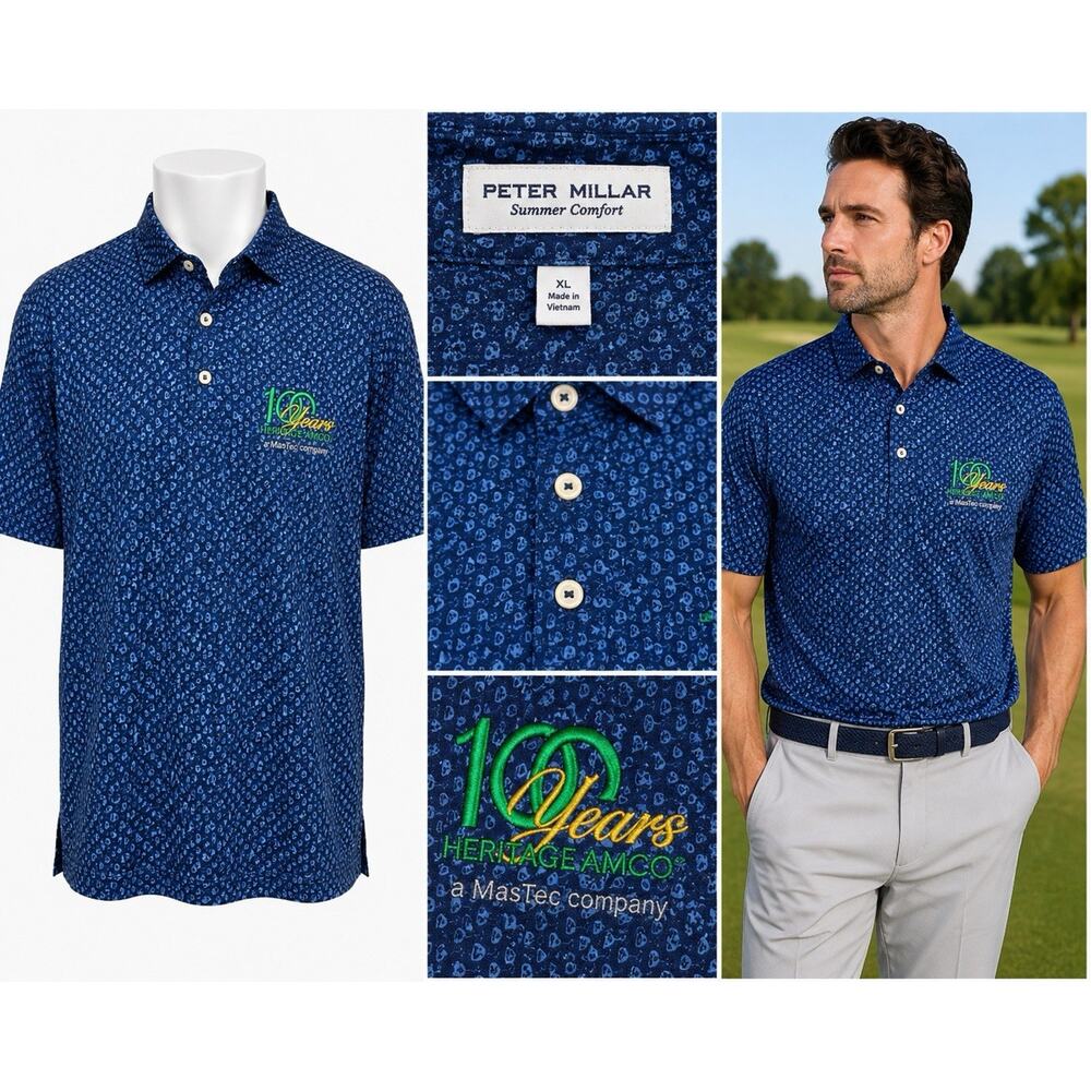 Peter Millar Men's XL Royal Blue Sidecar Performance Jersey Polo Excellent Logo